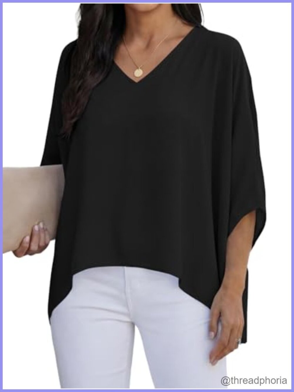 Women's Casual V Neck Blouse Batwing Sleeve Drop Shoulder Tunic Top